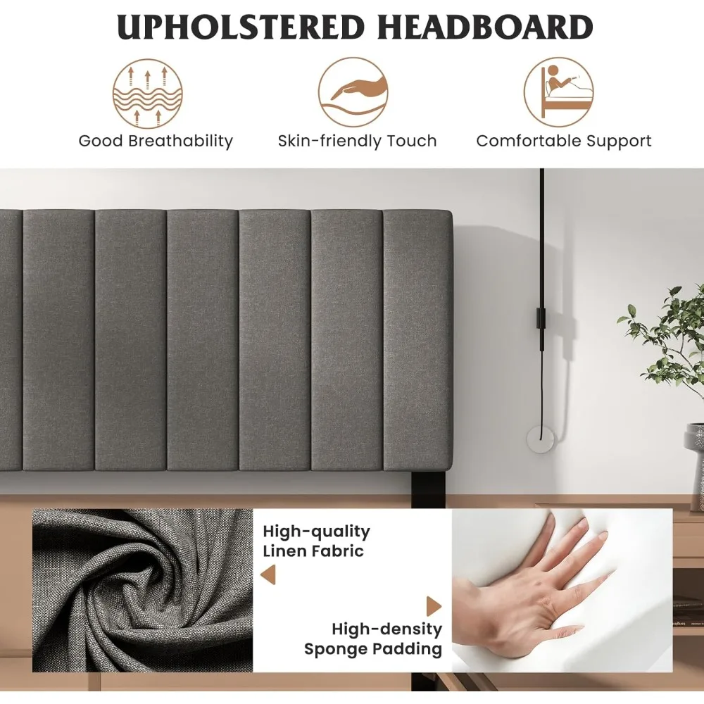 إطار سرير بمنصة بحجم كوين، حاجة إلى صندوق زنبركي، كريم أساس مرتبة منجد حديث مع لوح رأسي من قماش الكتان