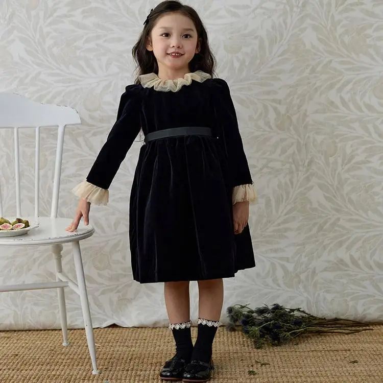 Girls French Velvet Princess Dress 2024 Autumn and Winter New Style Children's Baby French Retro Daily Children's Dress