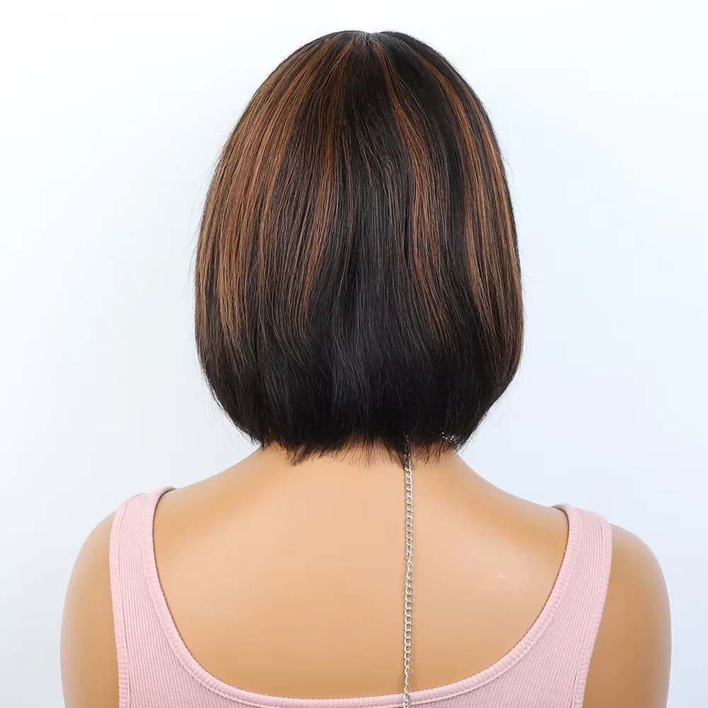 200 Dichte Highlight Braun Kurze Gerade Bob Perücke Echthaar 2x1 Spitze Glueless Perücke 100 % Echthaar Perücke Für Frauen Brasilianisches Haar