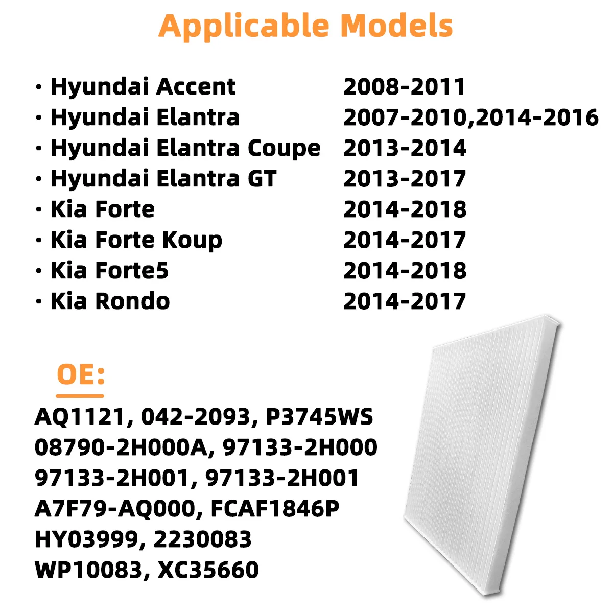 Direkter Ersatz für den Innenraumluftfilter CF10728, passend für Hyundai Accent Elantra Coupe Kia Forte Rondo, 08790-2H000A, 97133-2H001 – Detail 6