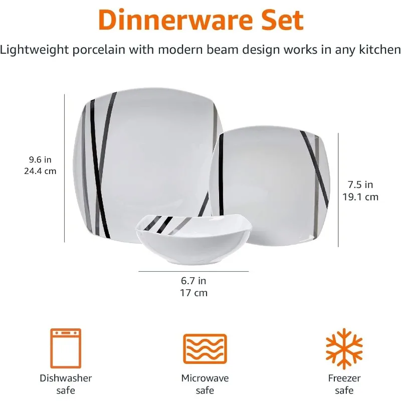 18 Piece Kitchen Dinnerware Set - Square Plates, Bowls, Service for 6 - Modern Beams