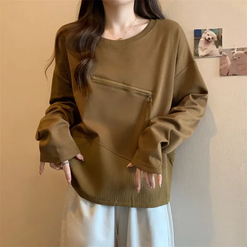 Casual Patchwork Asymmetrical Pullovers Female Clothing Commute Round Neck 2024 Spring Autumn Stylish Zipper Solid Color T-shirt