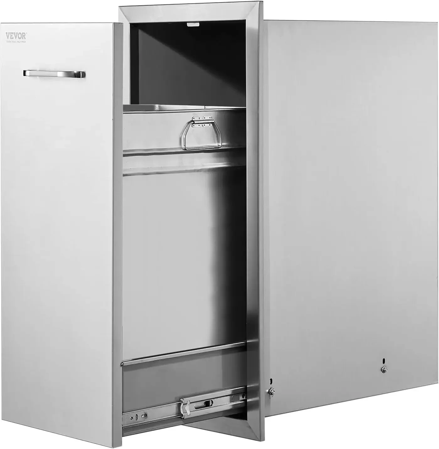 Trash Drawer 13.4"W x 25.7"H x 19.6"D Lower Sliding Rails Stainless Steel Roll Out Trash Bin Pull Out Tray Outdoor Kitchen Trash