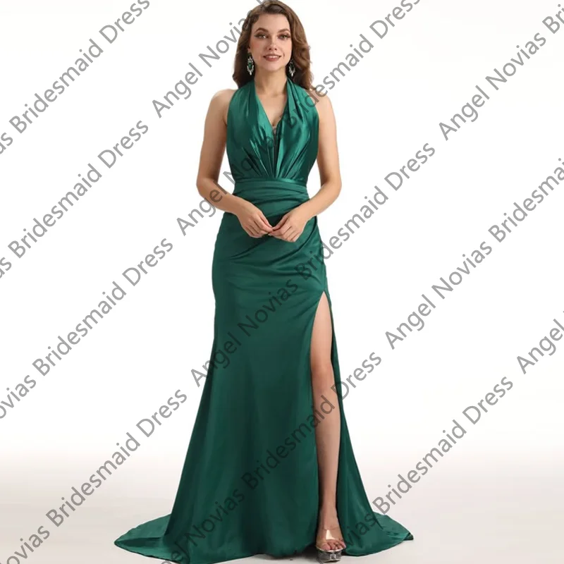 

Customized Long Green Halter Bridesmaid Dresses with Slit Wedding Guest Party Gowns vestido de madrinha de casamento