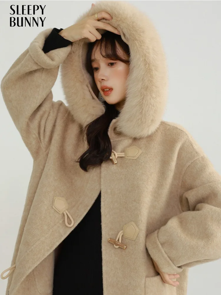 

Элегантное теплое шерстяное пальто с капюшоном и воротником из натурального меха, двустороннее длинное пальто, женское зимнее свободное пальто, повседневная верхняя одежда, офисная повседневная одежда