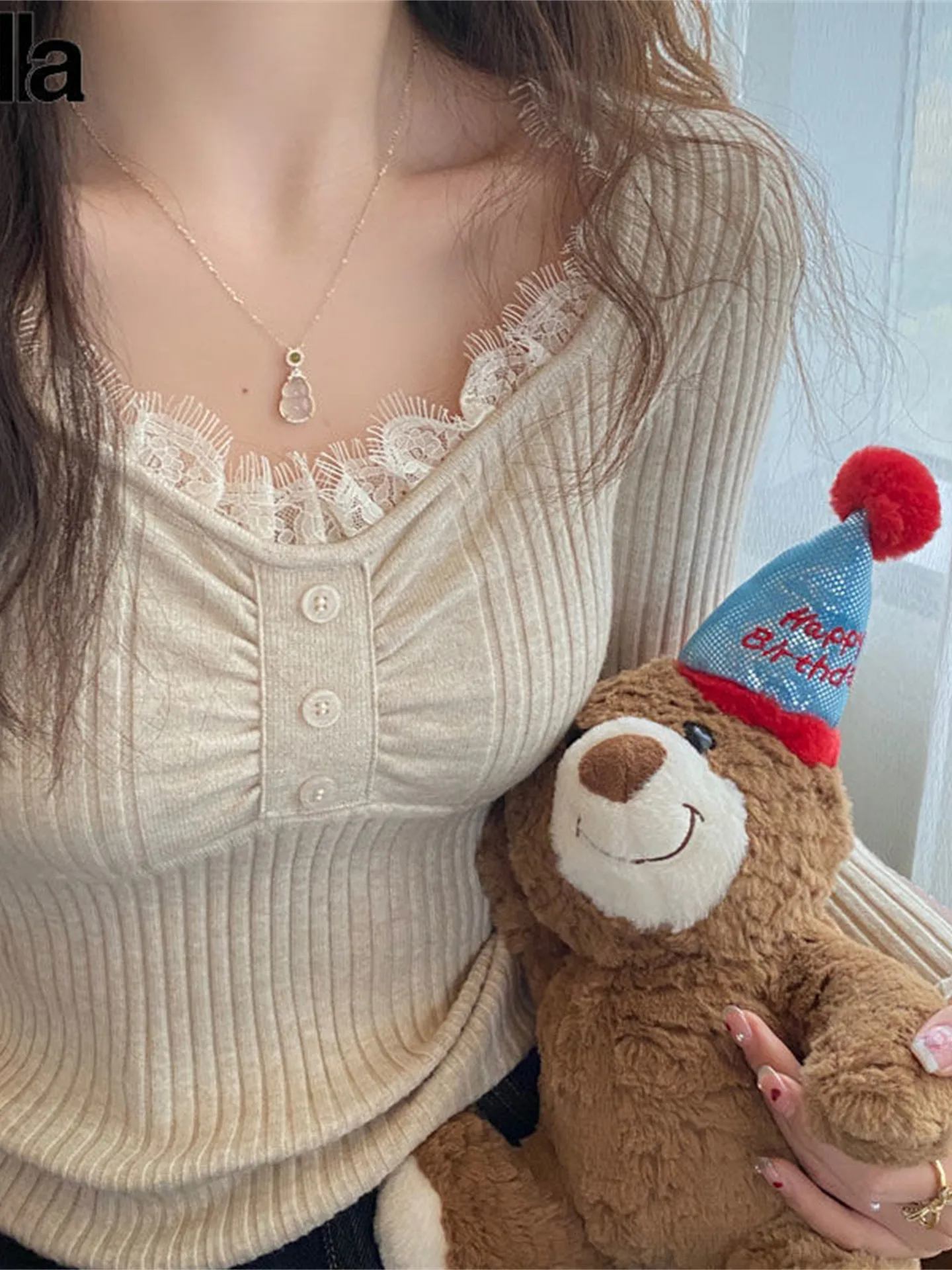 

Сексуальный вязаный свитер с V-образным вырезом и кружевом, облегающий, для женщин, весна-осень, новый, высококачественный, в корейском стиле