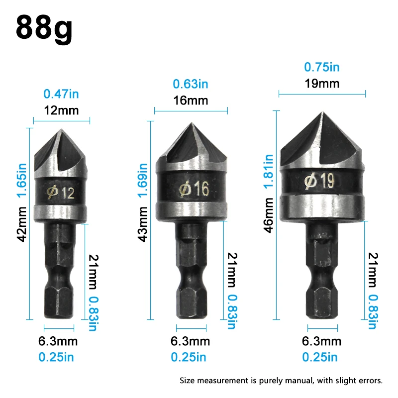 Juego de Herramientas de abridor de agujeros para carpintería, vástago hexagonal de 90 grados, biselador de cinco cuchillas negro, taladro avellanador de 12/16/19mm, 3 piezas