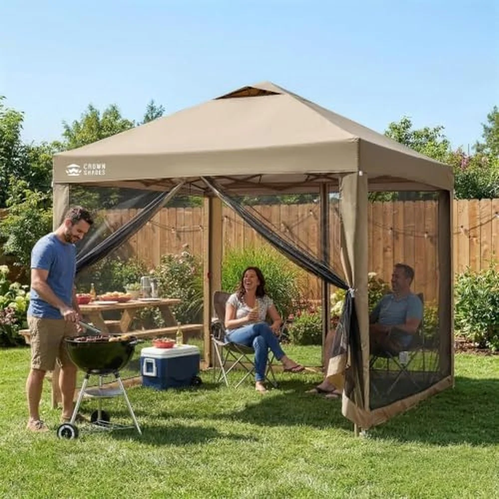 CROWN SHADES Gazebo 10x10 Pop Up Canopy with Mosquito Netting, Beige