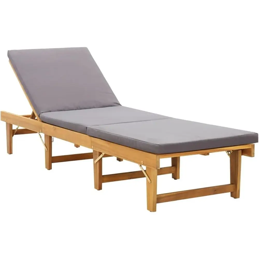 

Oiled Acacia Wood Grey Outdoor Sun Lounger, 24x78.7 Adjustable Recliner with Cushion for Poolside, Garden, Beach