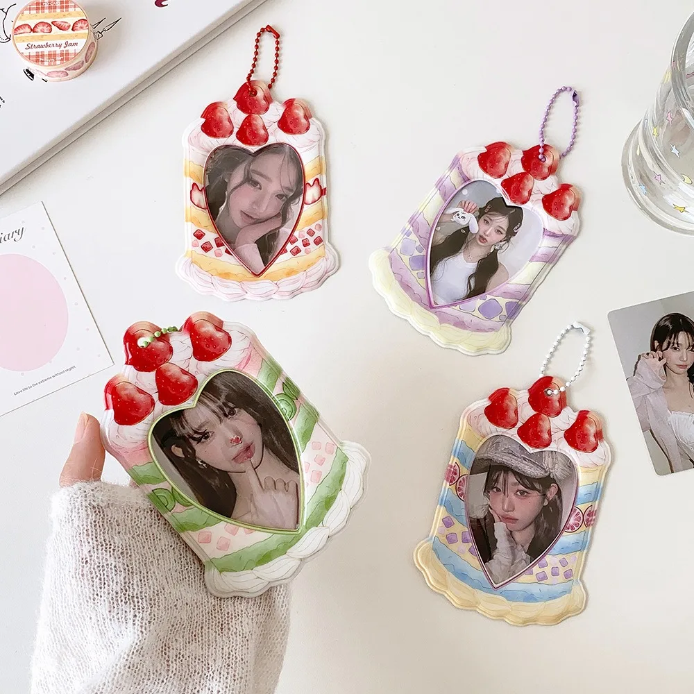 3 Inch Kpop Photocard Holder Cute Strawberry Cake Heart Card Protector Portable Bag Pendant Backpack Decor Keychain Card Sleeve