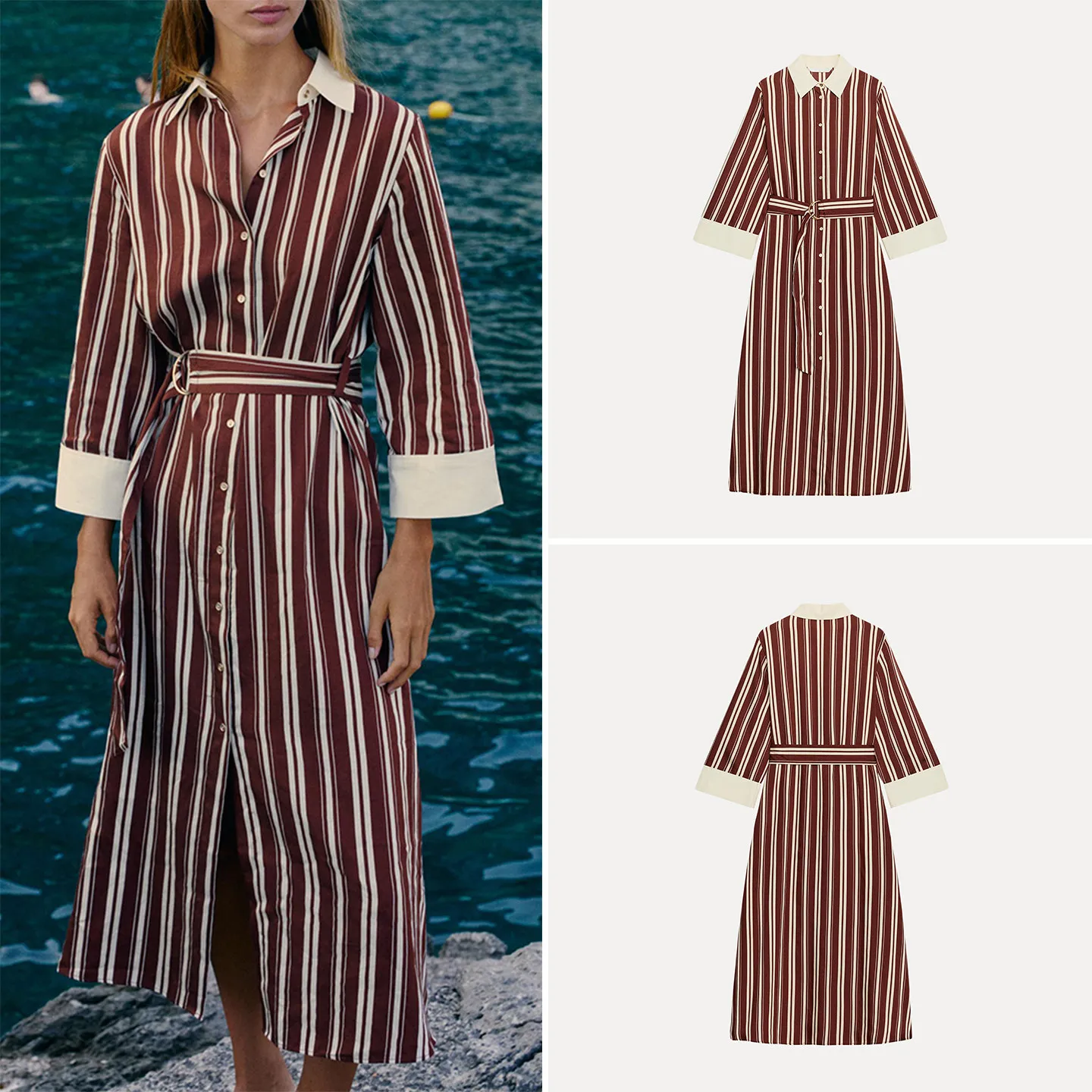 Women's Casual Long Sleeve Midi Dress Collared Striped Belted Autumn Fashion 2026 New Arrival Elegant City Commute Daily Wear