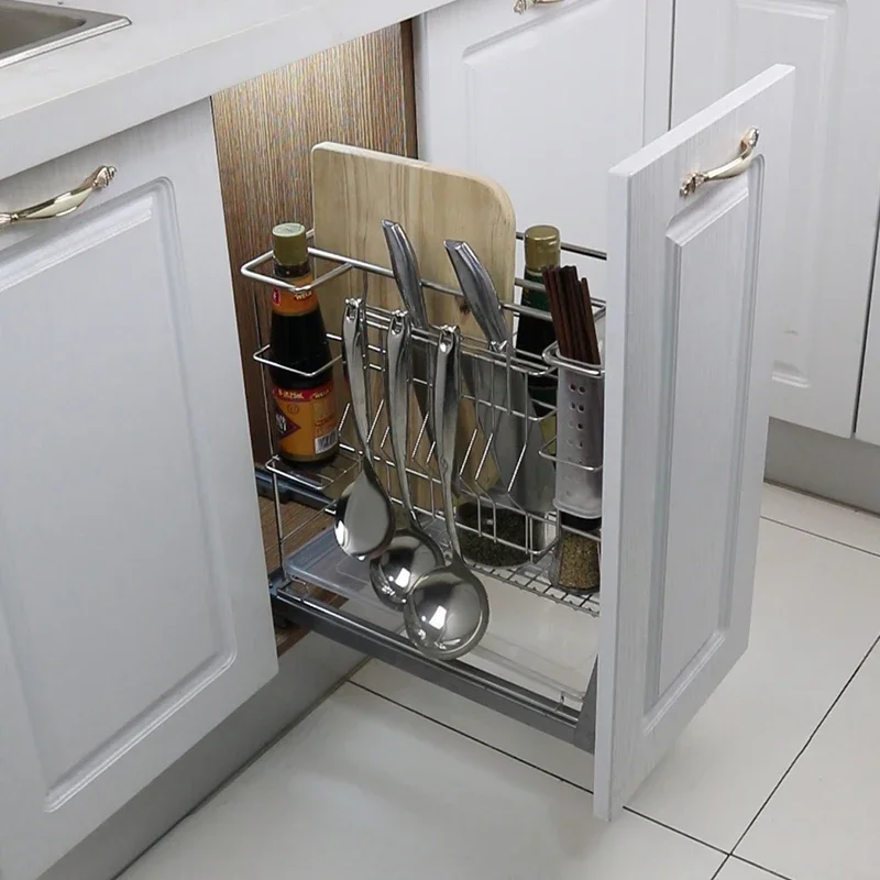 Kitchen Built-in Cabinet Stainless Steel Damping Buffer Track Shelf Bottom Drawer Seasoning Basket Narrow Pull Basket