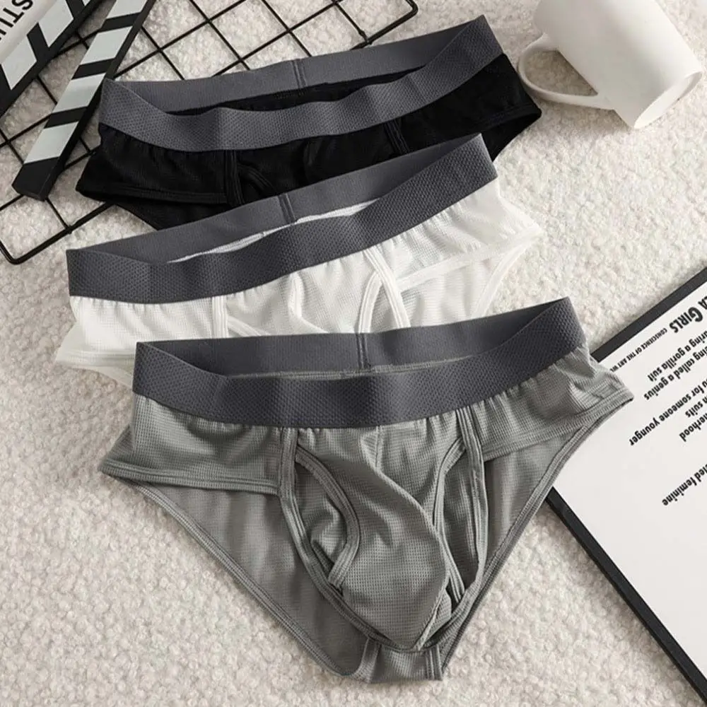 Thin Underpants Summer Thin Briefs Men Splicing Side Opening Men Ice Silk Panties Quick Dry Lingerie Seamless Underwear Daily