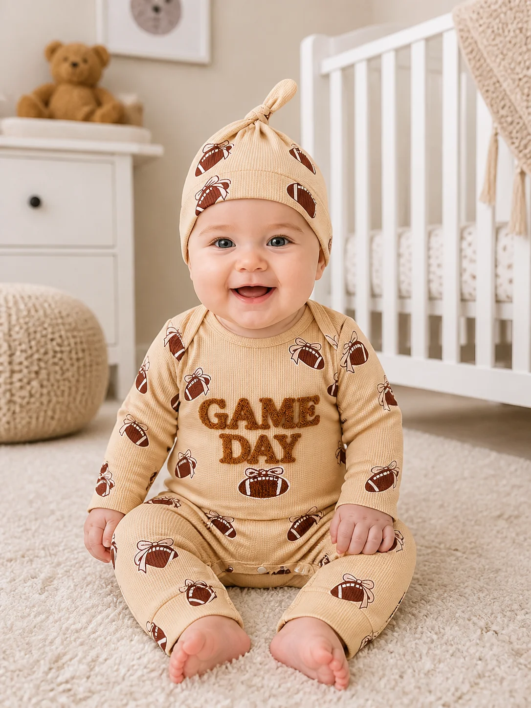 Baby Girl Game Day Football Waffle Knit Romper 2Pcs Set Chenille Embroidery Long Sleeve Jumpsuit with Knotted Hat
