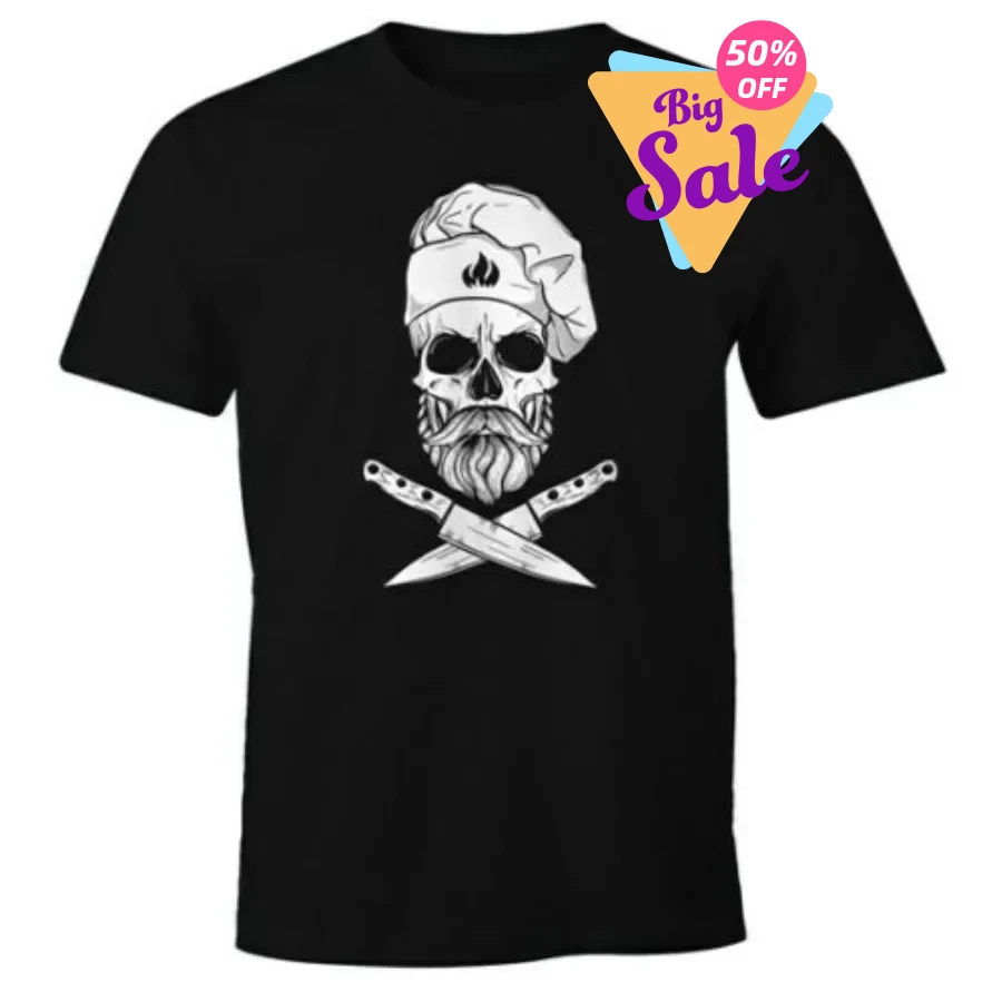 Grilling Cooking Skull Knife Hipster Chef Grill T-Shirt 100% Cotton O-Neck Short Sleeve Summer Casual Mens T-shirt Streetwear