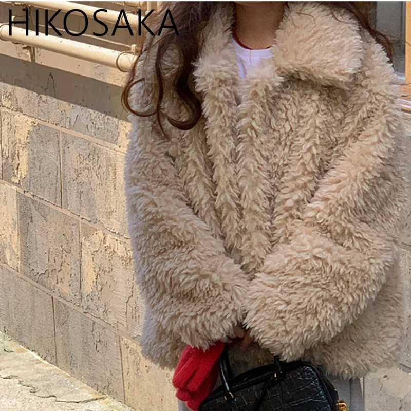 2024 Winter Korean Chic Plush Jackets Women Turn-down Collar Long Sleeve Loose Warm Eco-fur Coat Lady All-match Warm Outwears