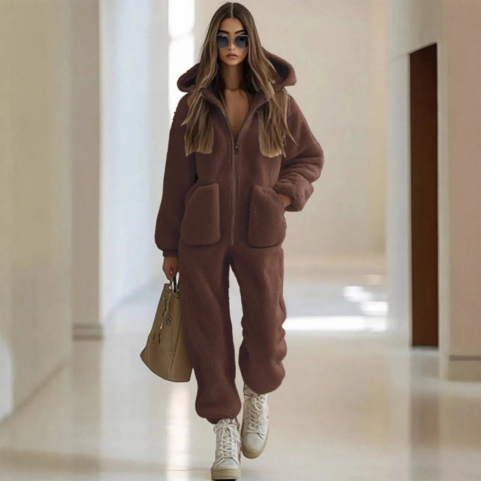 

Pocket Loose Straight Leg Hooded Plush Winter Outdoor Warm Women's Solid Color Jumpsuit