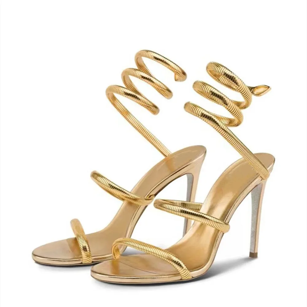 Gold Snake-Shaped Wrapped Ankle Stiletto Sandals Woman Summer 2025 Open Toe High Heels Wedding Bridal Shoes Fashion Luxury Pumps