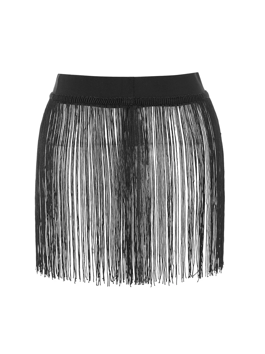 Women Beach Skirt High Waist Tasseled Solid Summer Mini Skirt for Vacation Seaside