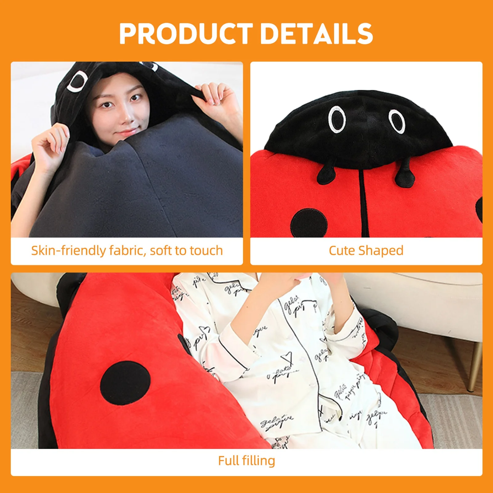 Wearable Ladybug Pillow Cute Warm Sleeping Wearable Plush Removable Oversized 60cm/23in Children Adults Release Stress Pillow