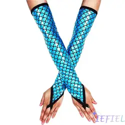 Women Girls Sparkle Fingerless Mermaid Element Gloves Fish Scale Print Long Gloves Halloween Cosplay Carnival Party Accessories