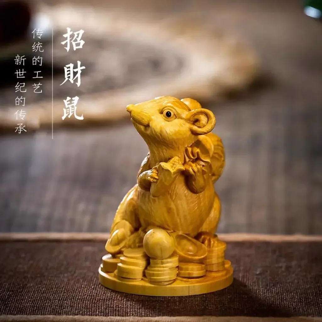 

Poplar Wood Carving Portable Plate Play Hand Piece Lucky Zodiac Mouse Cultural Play Carving Handicraft Desktop Ornament