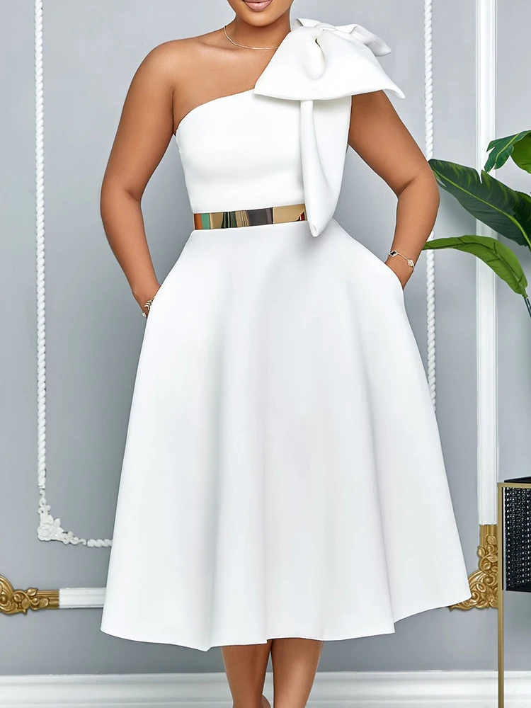 

One Shoulder Dresses for Woman Elegant Solid Color A-line Long Dress Mid Length Ladies Evening Dresses Women Wedding Guest