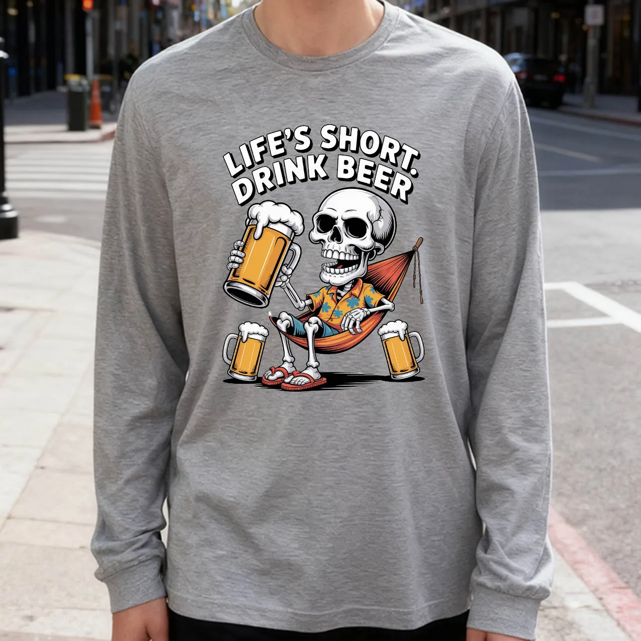 Life's Short Drink Beer Men's Long Sleeve T-Shirt 180g 100% Cotton Printed Crew Neck Casual Daily Wear Soft and Breathable
