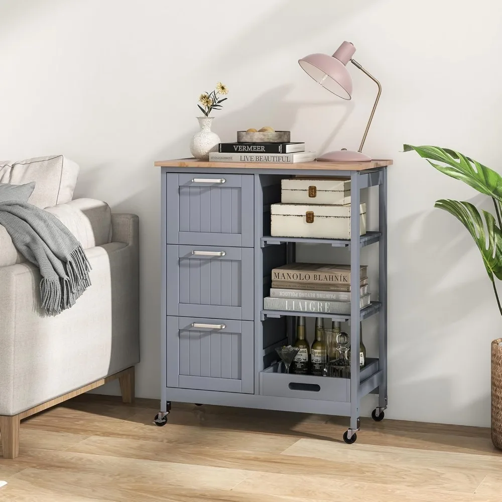 

Kitchen Island Cart on Wheels, Rolling Utility Cart w/Rubber Wood Top, 3 Storage Drawers & 2 Removable Shelves