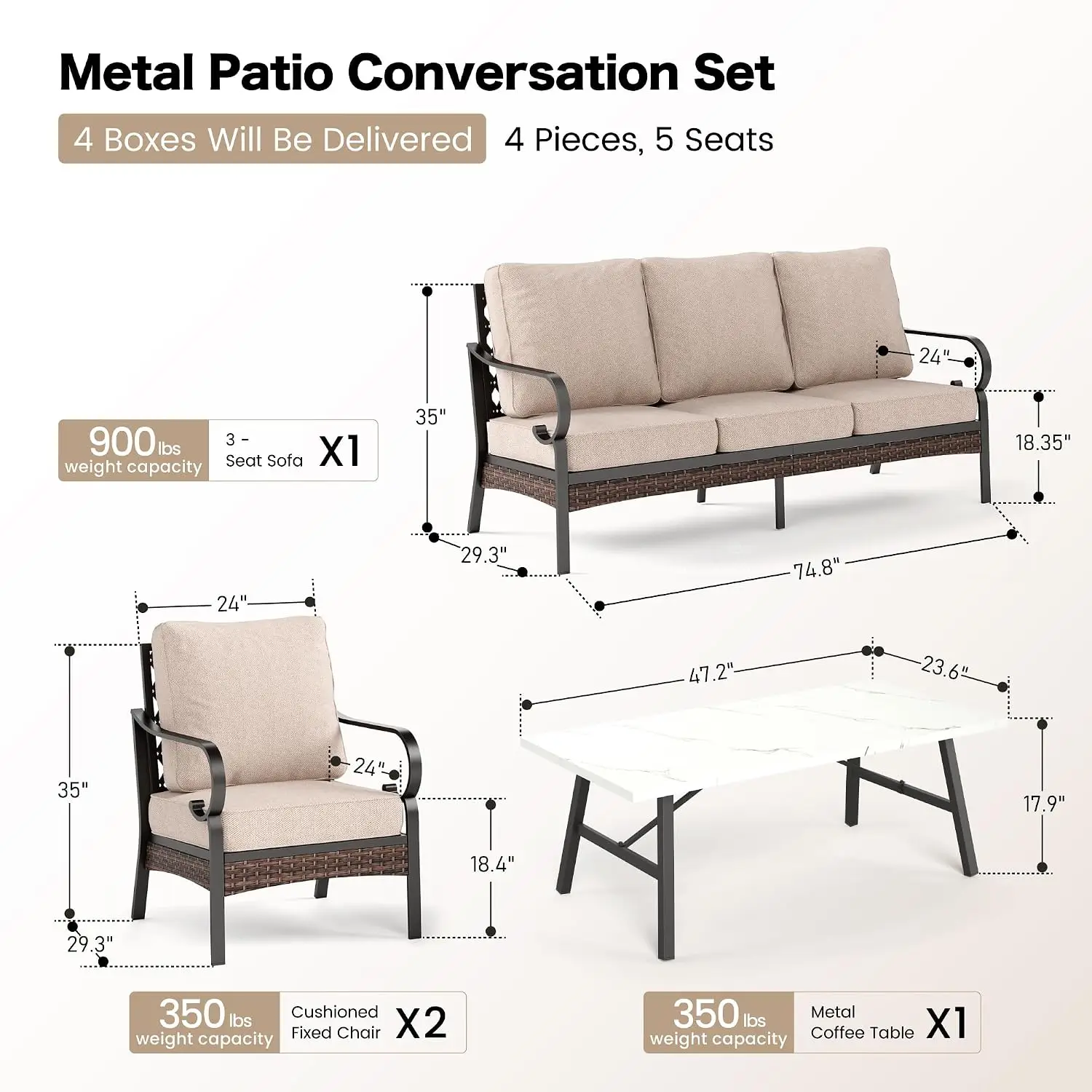 Metal Patio Conversation Set 4-Seater, Black & Beige, Customized