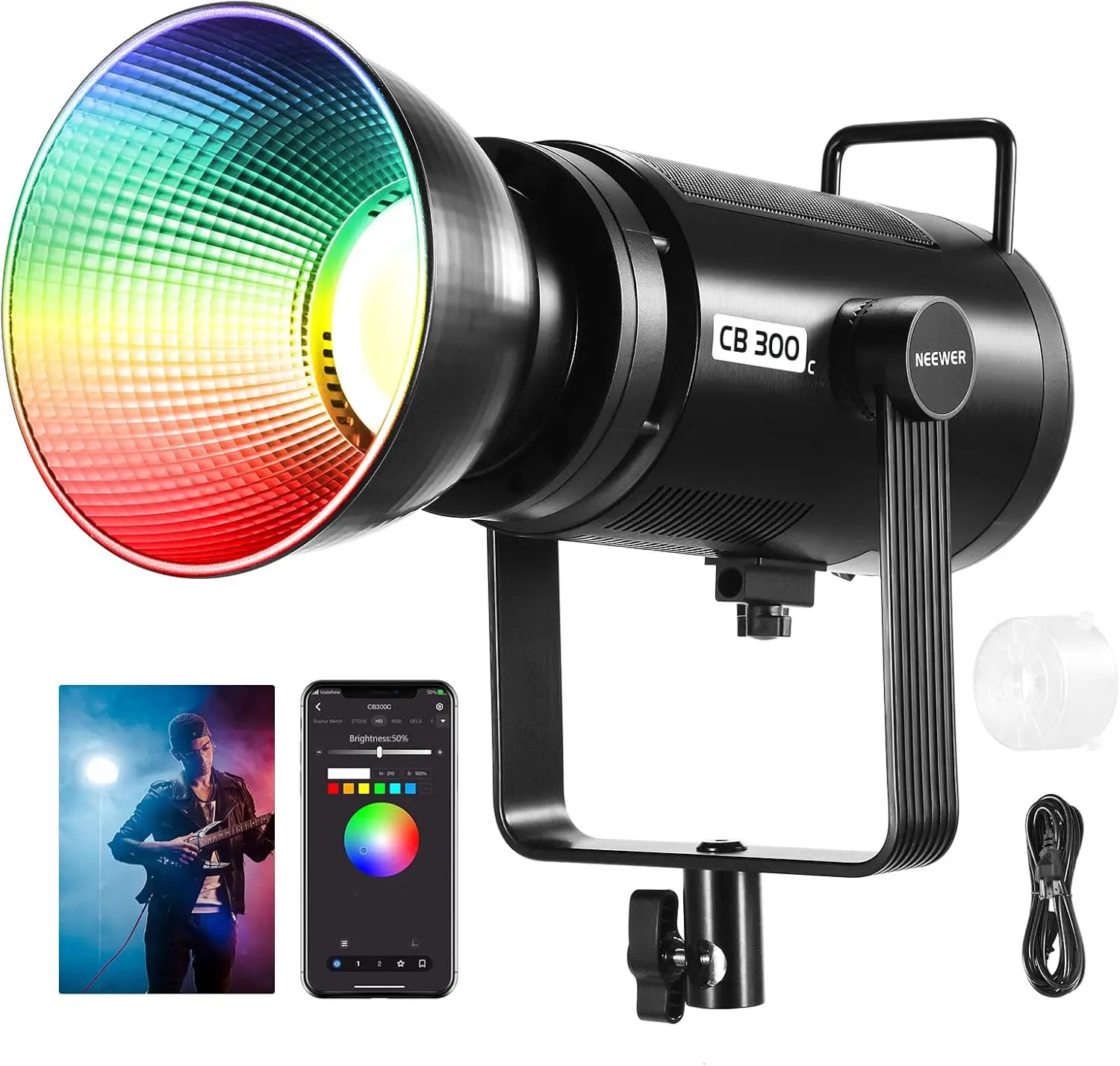 NEEWER 300W RGB LED-videolamp met reflector, APP/2.4G-bediening, 17 scènes, 29600Lux/1m 2500-7500K CRI97+/TLCI97+Full Color Bowens