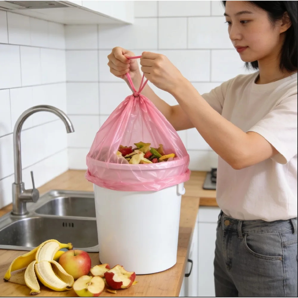 Pink Drawstring Trash Bags, Heavy Duty Large Disposable Garbage Bags, Leak Resistant Rubbish Bin Liners for Kitchen Home Outdoor Picnic, 1 Roll