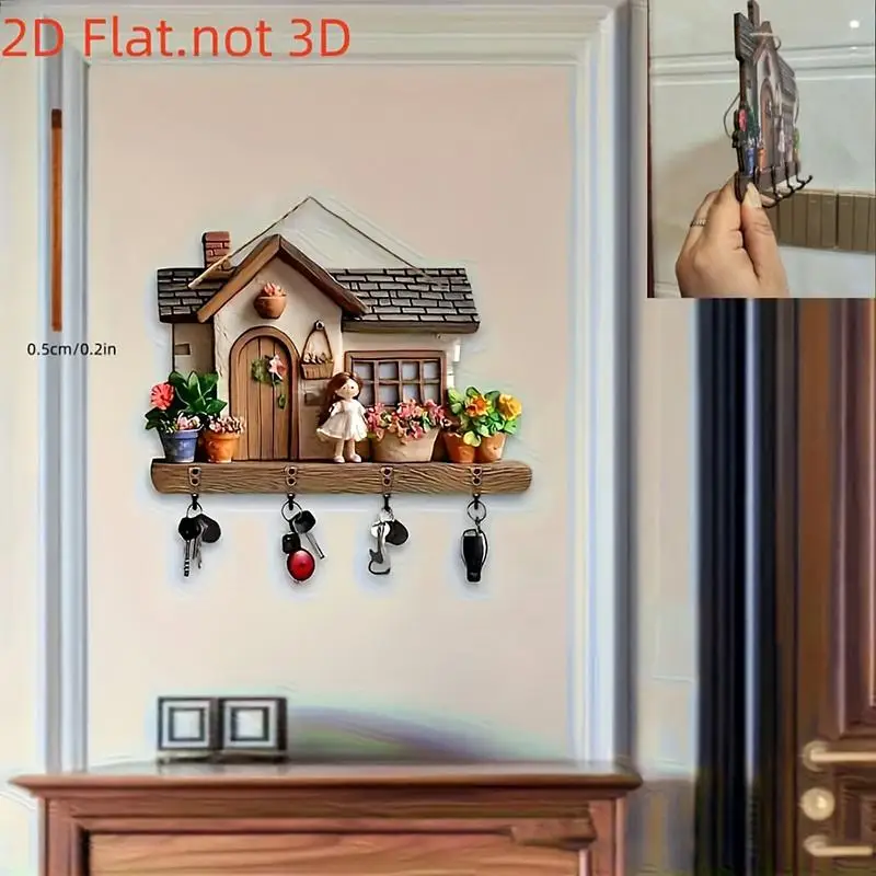 Motorcycle Bar Theme Key Hook Wooden Multifunctional Home Rack: 2D Flat 1pc Four Metal Hooks Wall