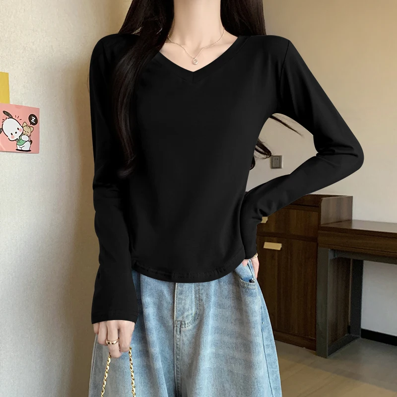 Spring Autumn New V-neck Bottom Shirt Long Sleeve T-shirt Women Slim and Slim Pure Desire Wind Arc Hem Lock Bone Tops