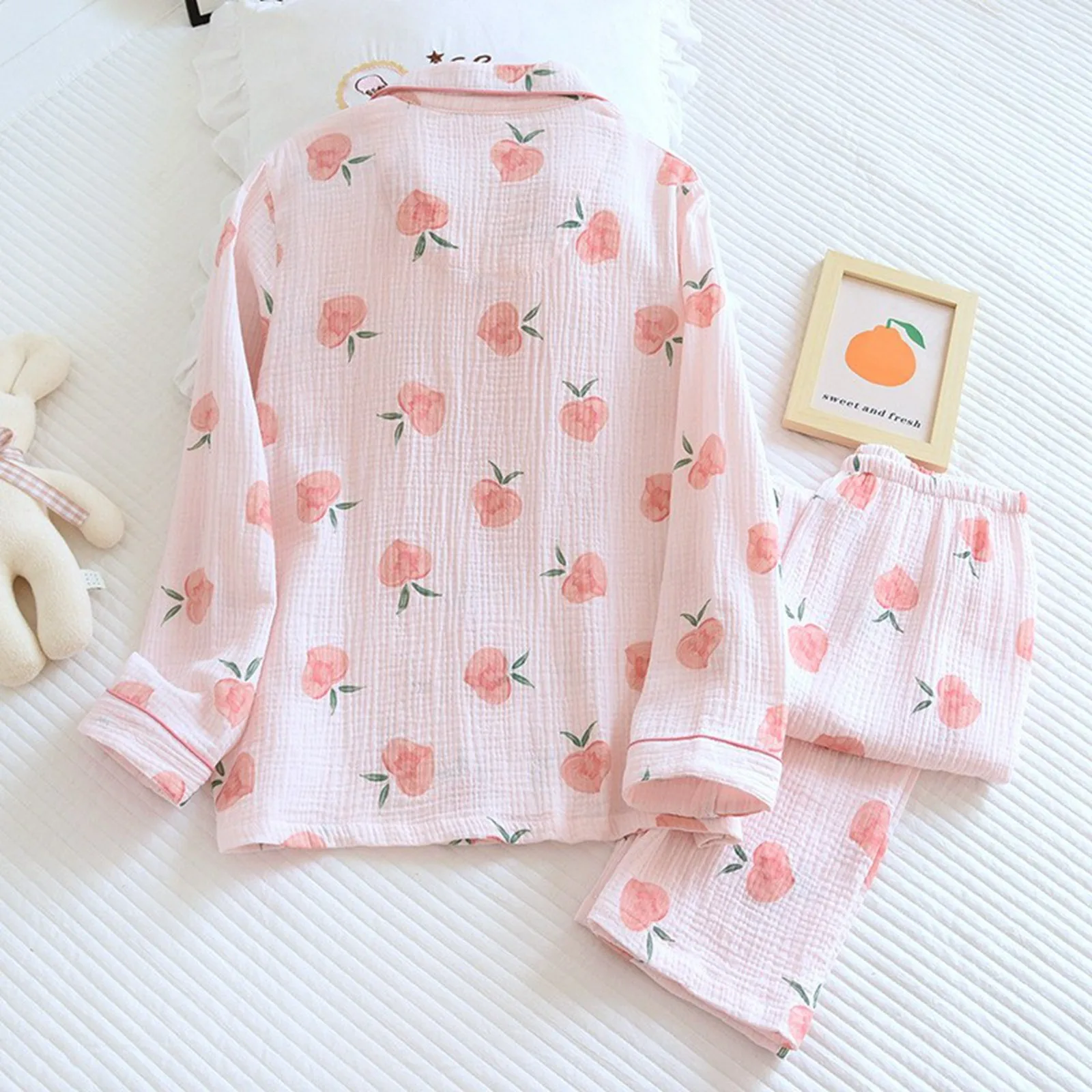 Women Spring Autumn And Summer Thin Pajamas Cute Pink Peach Print Cardigan Wear Set Fleece Pajamas Women Set