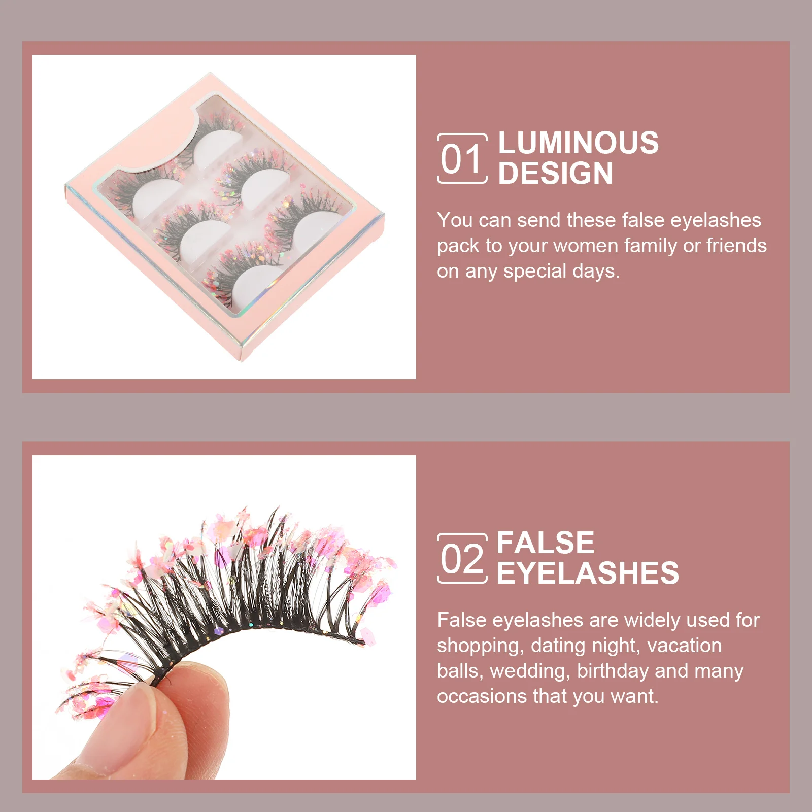 

3Pairs Shiny False Eyelashes Pack Curved Fit Comfortable Wear Glitter Accents for Ball Wedding Vacation Makeup Tools for Women