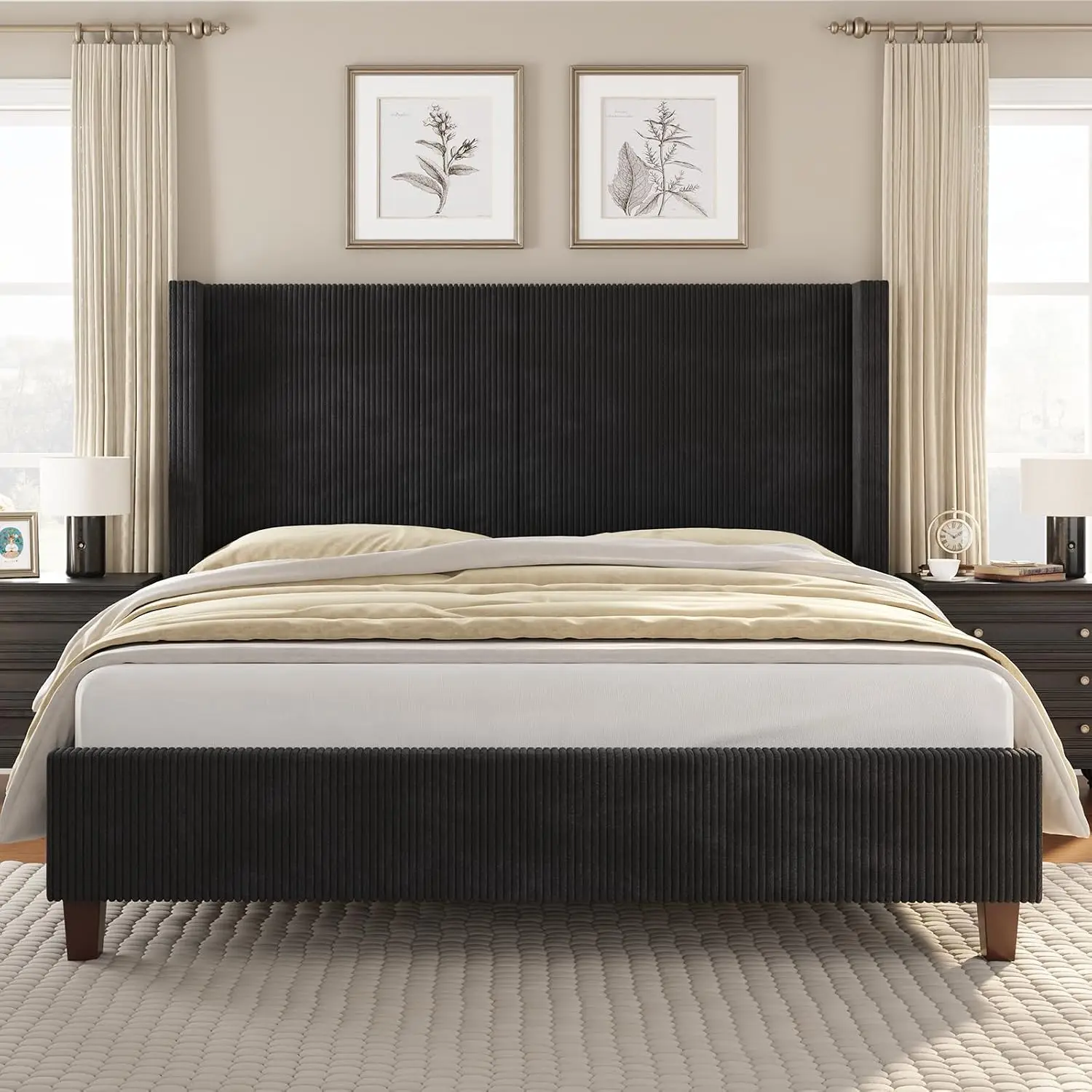 VanAcc Queen Corduroy Platform Bed Frame with Wingback Design, Customized