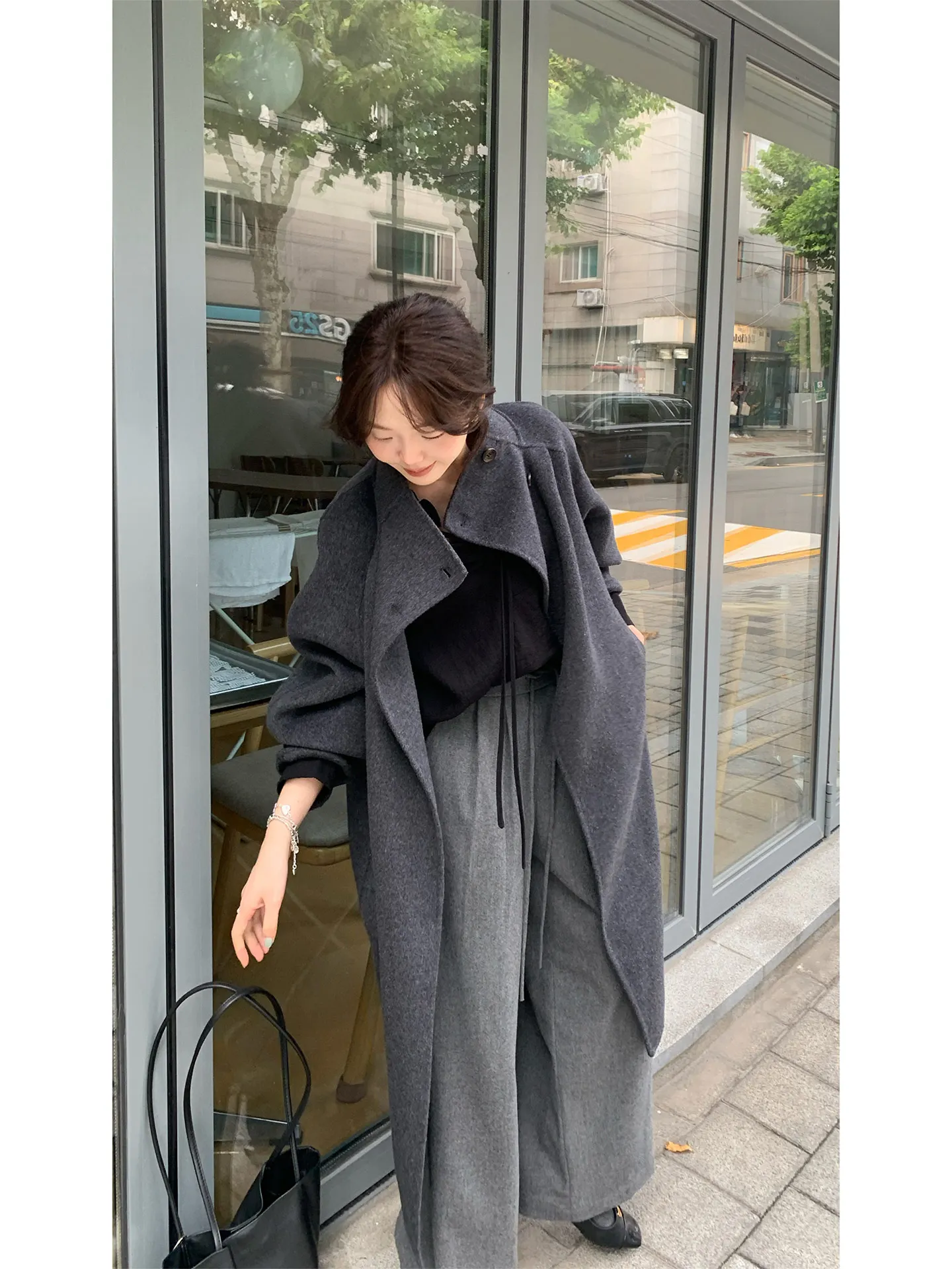 

Двустороннее шерстяное пальто женское длинное свободного кроя с воротником-стойкой в корейском стиле, зимняя верхняя одежда для женщин