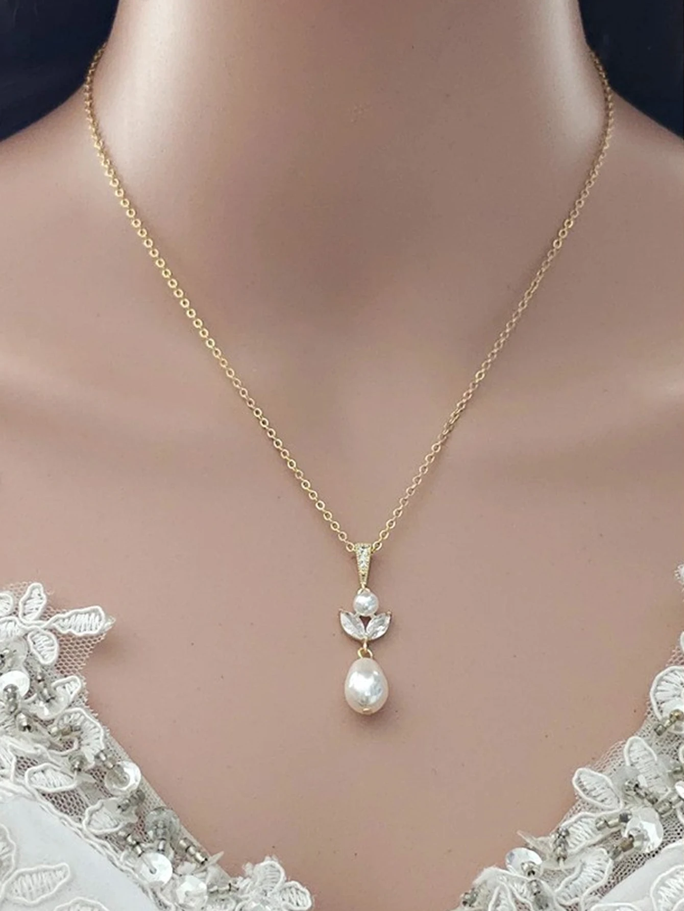 StoneFans Sweet And Delicate Pearl Rhinestone Long Necklace Back Chain Integrated Design Women's Wedding Banquet Accessory Gift