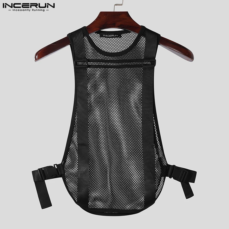 INCERUN Men\'s Tank Tops Mesh Transparent Solid Color O-neck Sleeveless Casual Male Vests Streetwear 2024 Fashion Men Clothing