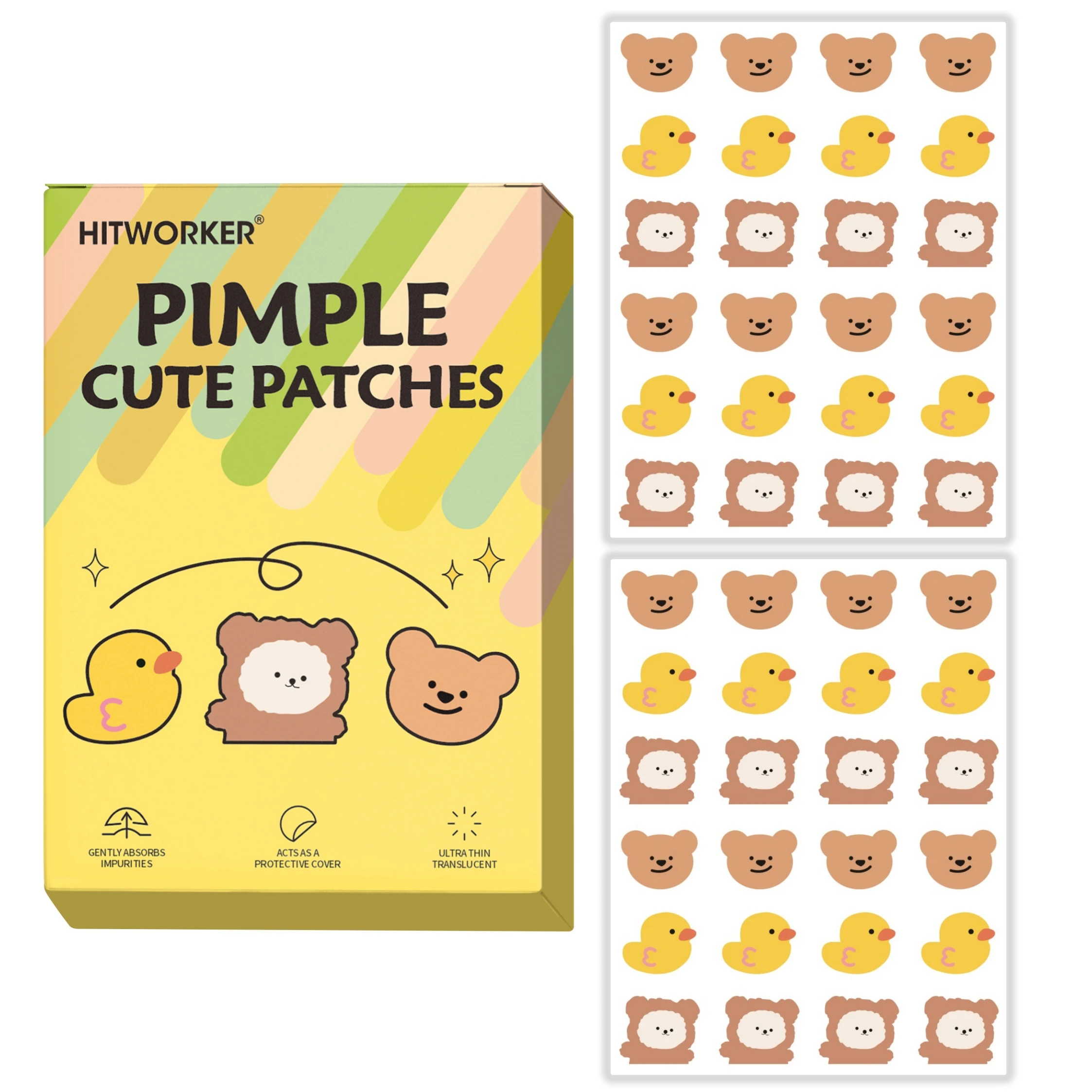 48PCS Cute Cartoon Pimple Patches for Face, Bear Duck Animal Blemish Cover Stickers, Facial Spot Patches