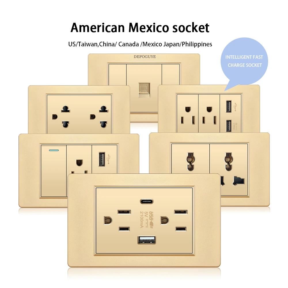 American Mexico Standard Double USB Plug Type C Wall Quick Charging Socket US home Light Switch Panel PC Electrical Power outlet