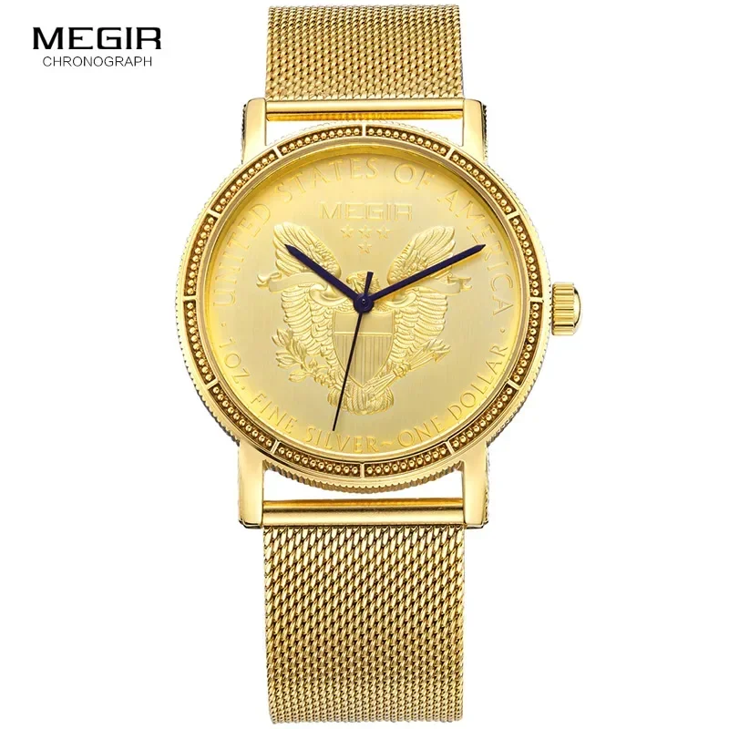 Megir Mens Fashion Gold Quartz Wrist Watches Round Dial Stainless Steel Strap Formal Dress Wristwatch for Man 2032