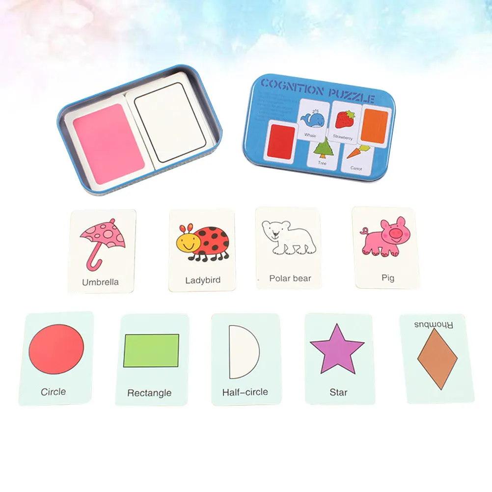 

32pcs Literacy Educational Learning Cognitive Development Early Teaching Aids Alphabet Game Blue Shape Cards Tin Box