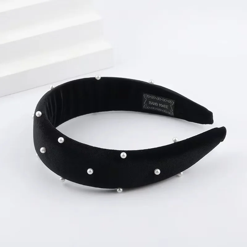 Black Velvet Pearl Headband Female High Skull Top Retro Headhoop Showing Face Small Wide-brimmed Elegant Pressed Hair Headdress