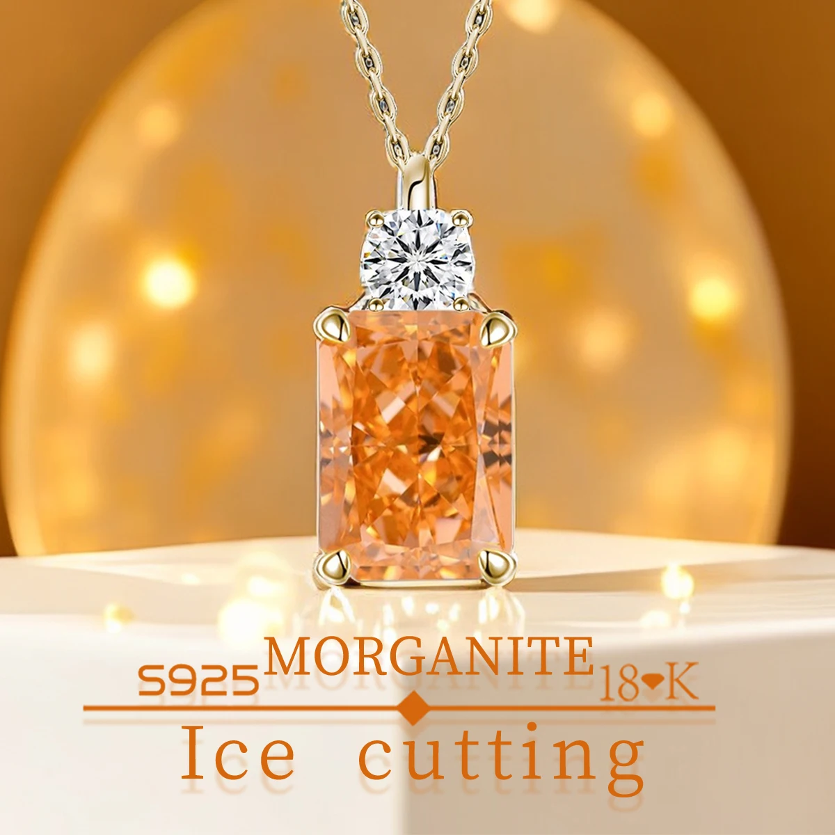 

S925 Sterling Silver Fine Quality 3.5 carat 1 rectangle Morgan Orange Zircon Sparkle 5A Good quality Ice Cut Ladies Pendant