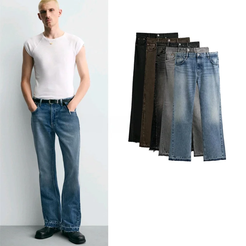 

New Men's Mid-Waist Slim Fit Jeans Spring Summer Washed Distressed Bootcut Denim Pants Skin-Friendly Breathable Polyester Fiber