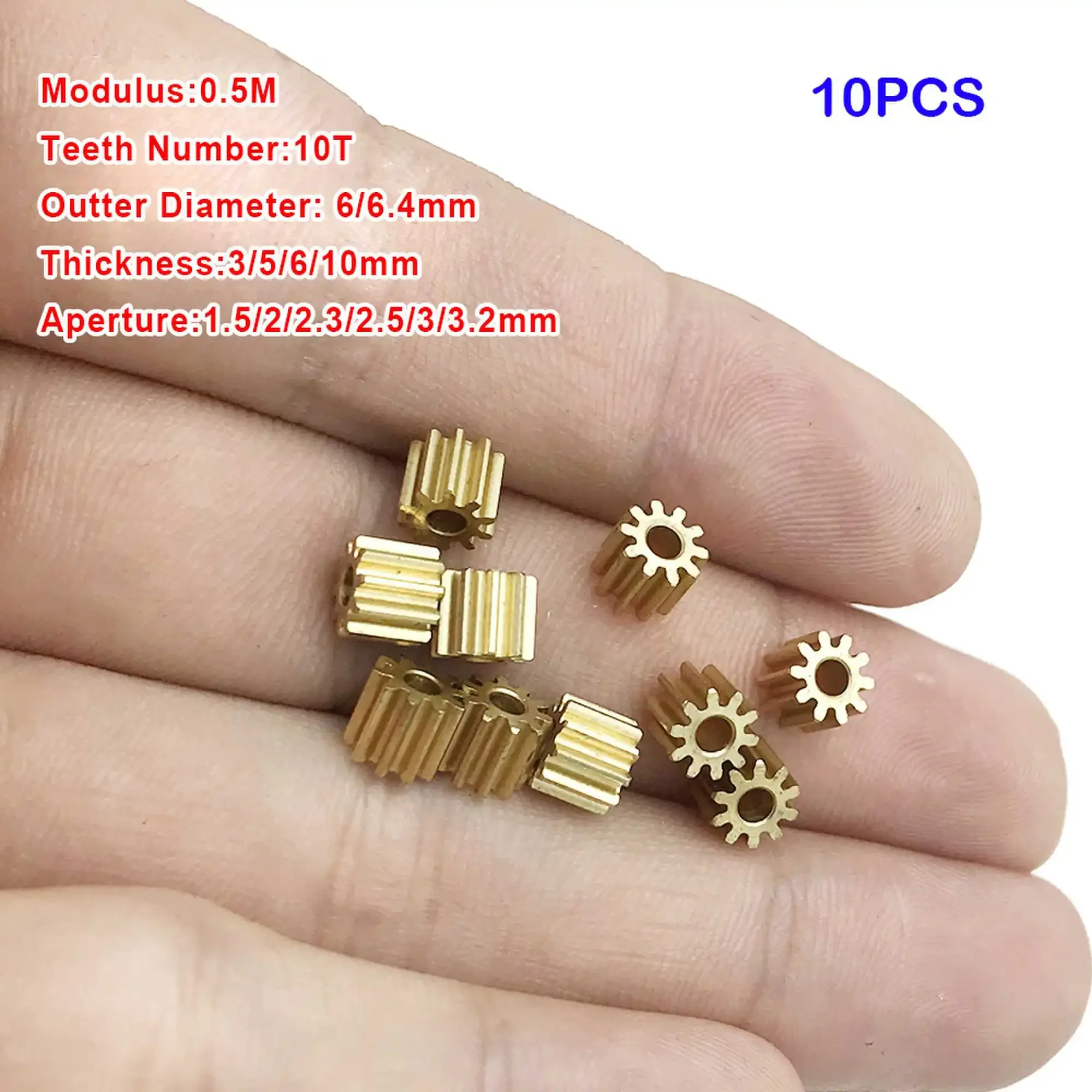 10pcs/lot 102A 0.5M Copper Pinion Gear Toy Motor Gear 10Teeth Aperture 1.5/2/2.3/2.5/3/3.2mm Metal Gears Motor Parts Accessory