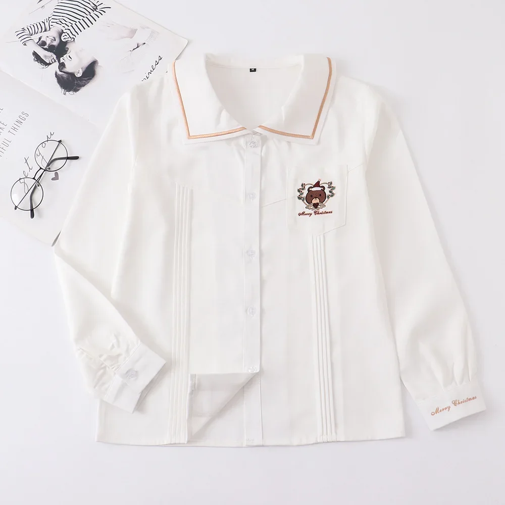 Christmas Bear School Uniform Knit Sweater Embroidery Jk Japanese Style Sailor Suit Plaid Pleated Skirt Anime COS Costume Women