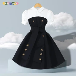Splicing Midi Dress for Teens Girls' Clothes Short Sleeve 8-12Y Summer Fashion Graceful Khaki Child Dresses Soft Girls Clothing